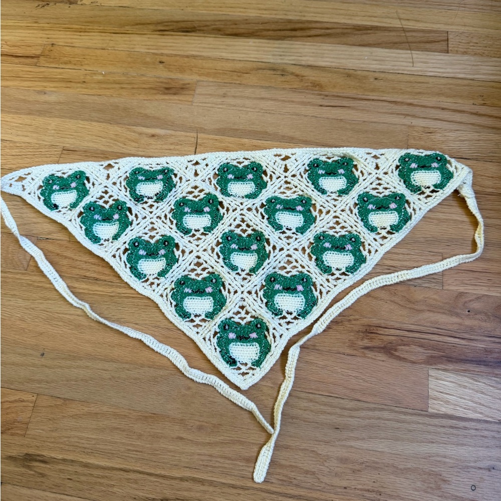 Whimsical Frog Crochet Bandana Headscarf Hair Covering Cottagecore Kidcore Cute - Picture 2 of 2